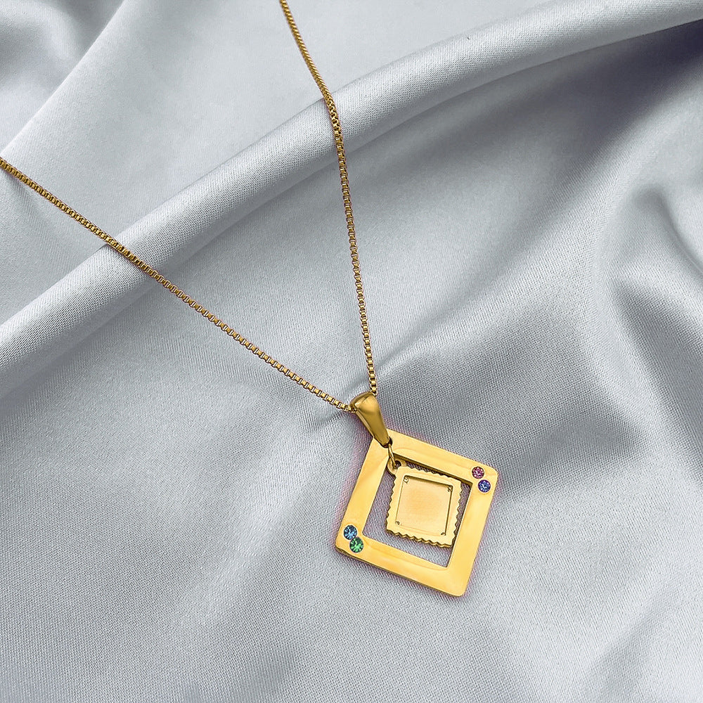 European and American ins style diamond gold copper hollow square photo frame with diamond pendant commemorative photo DIY necklace female