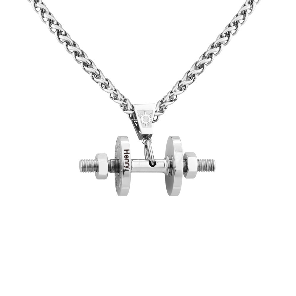 hot sale creative fashion fitness dumbbell men's necklace pendant stainless steel jewelry personality trendy can be customized