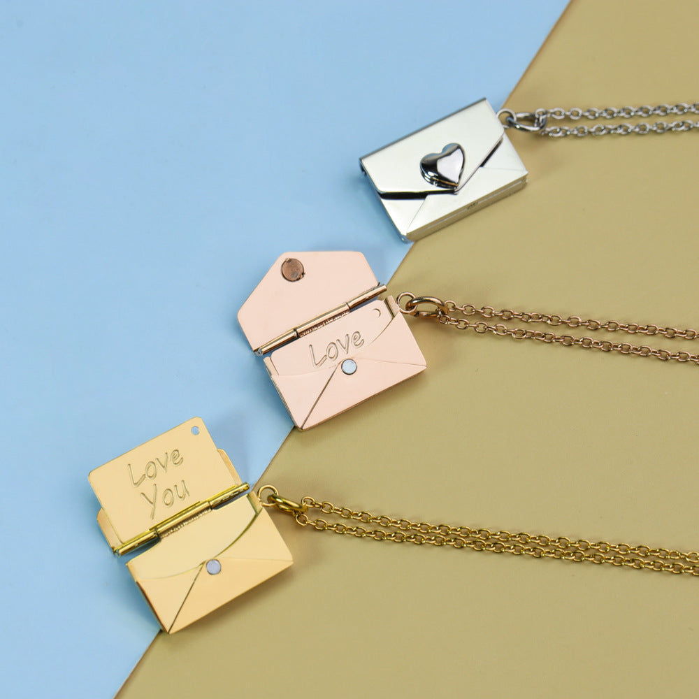 European and American DIY personality fashion versatile love envelope necklace silver engraving clavicle chain Valentine's Day gifts