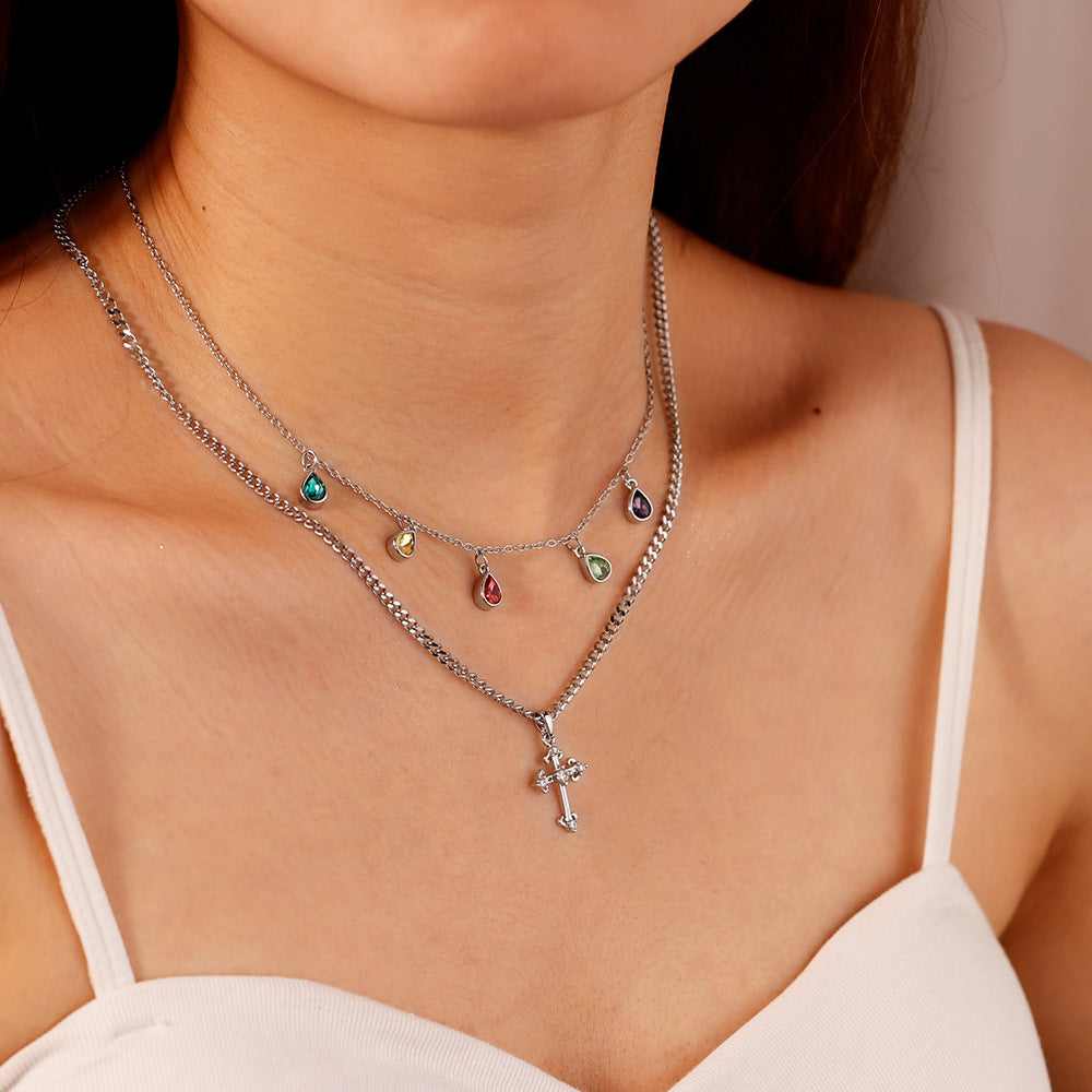 luxury niche clavicle chain pendant color diamond double chain women's sweet and spicy necklace spot