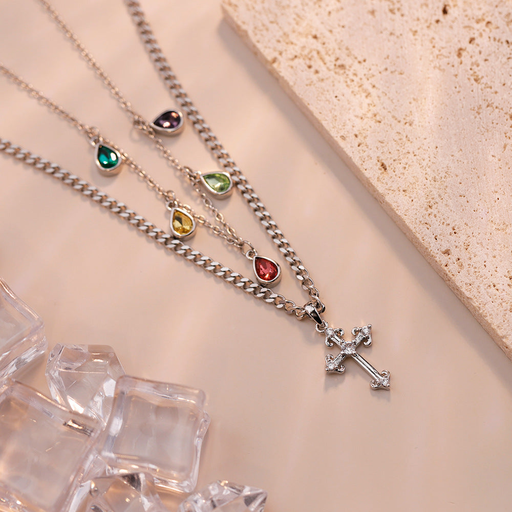 luxury niche clavicle chain pendant color diamond double chain women's sweet and spicy necklace spot