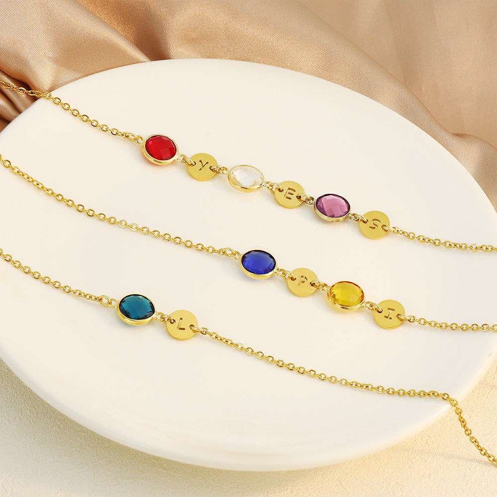 new European and American 12-color birthstone necklace women's fashion stitching 26 letter name jewelry colored diamond clavicle chain