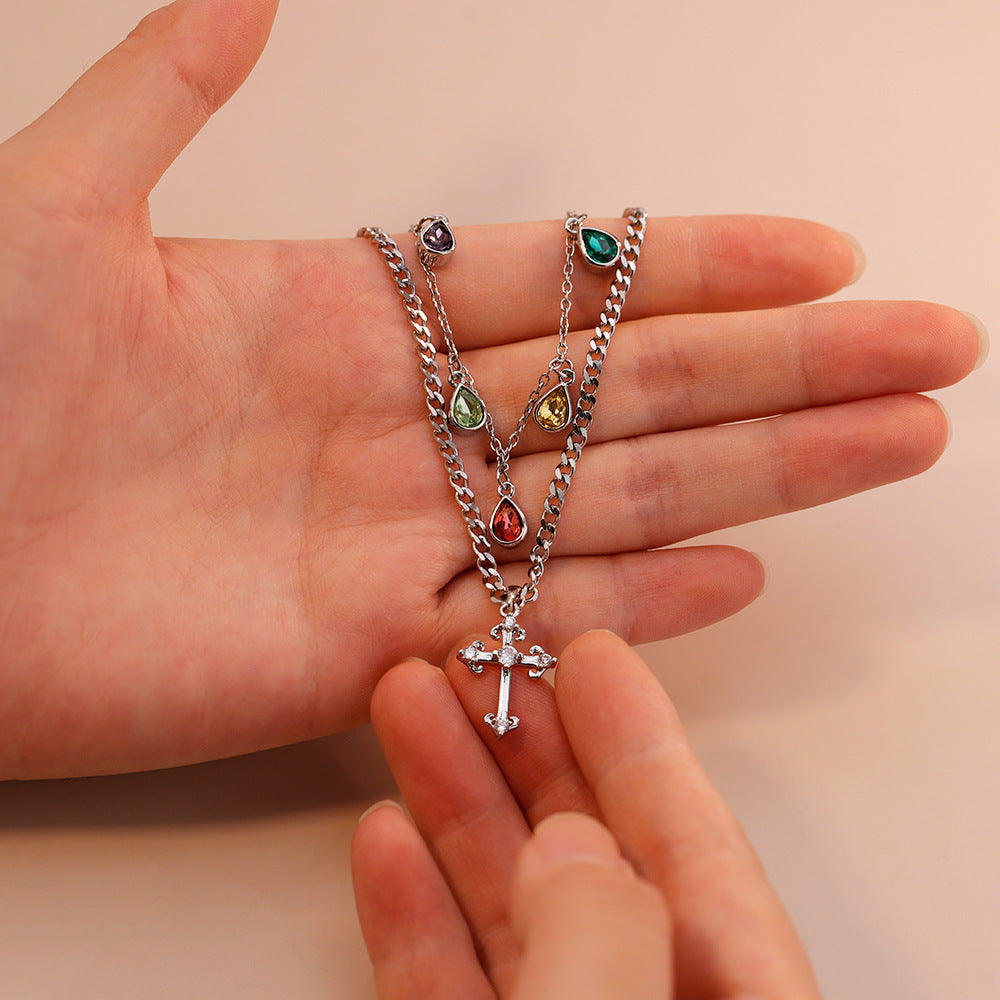 luxury niche clavicle chain pendant color diamond double chain women's sweet and spicy necklace spot