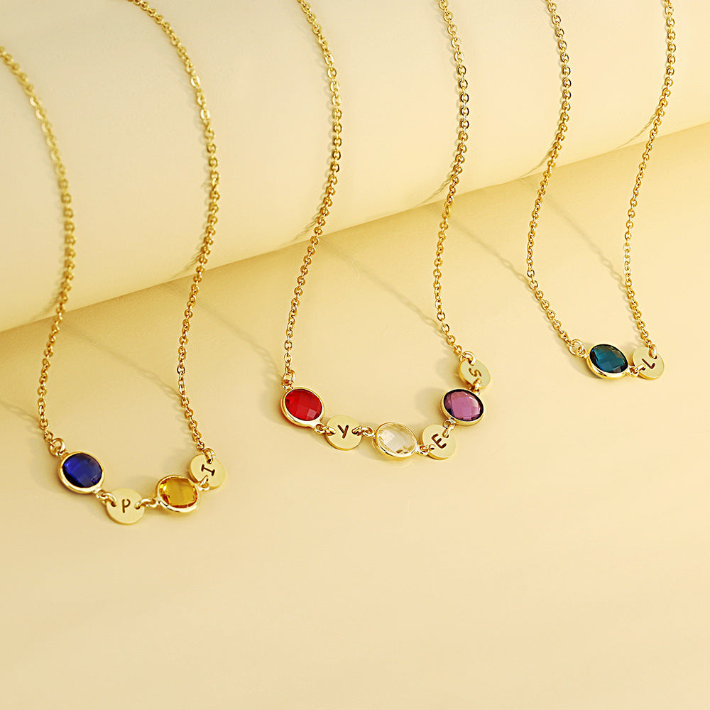 new European and American 12-color birthstone necklace women's fashion stitching 26 letter name jewelry colored diamond clavicle chain