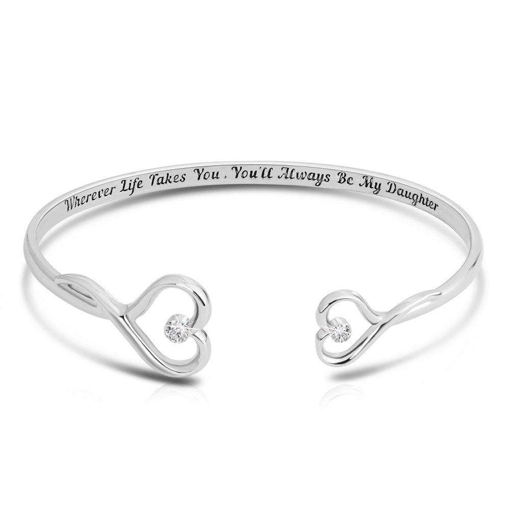 European and American bracelets with simple engravings and diamonds on both ends, hollow peach heart open bracelets that do not fade, bracelets for women, hand jewelry
