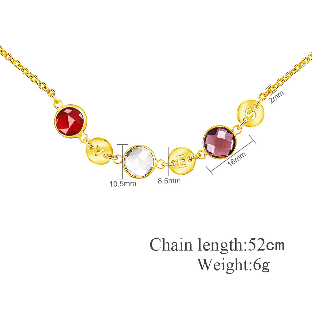 new European and American 12-color birthstone necklace women's fashion stitching 26 letter name jewelry colored diamond clavicle chain