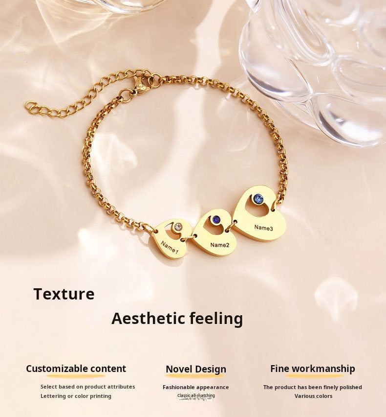 New personality bracelet for girls niche sense of luxury peach heart inlaid with diamonds DIY lettering silver bracelet jewelry